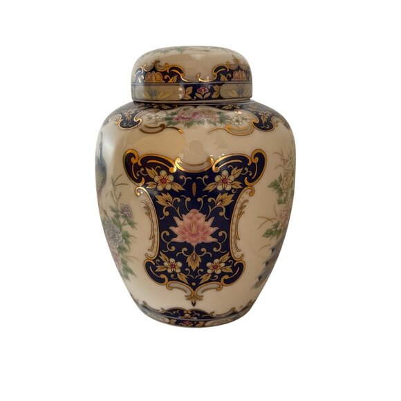 vintage Porcelain Ginger Jar Peacock & Floral Design Lid Blue/Gold Accents Asian - Picture 4 of 9